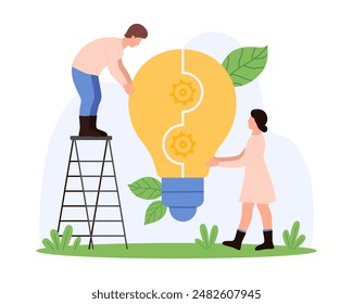 Business teamwork on creative innovation project, success collaboration of dedicated team members. Tiny people connect puzzle pieces into big bright light bulb shape cartoon vector illustration