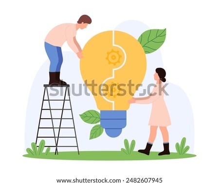 Business teamwork on creative innovation project, success collaboration of dedicated team members. Tiny people connect puzzle pieces into big bright light bulb shape cartoon vector illustration