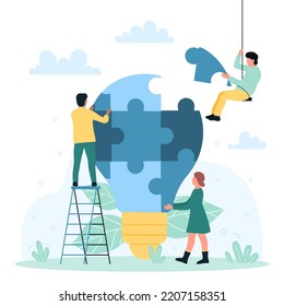 Business teamwork on creative light bulb puzzle vector illustration. Cartoon dedicated team of tiny people connecting pieces of big lamp together, partnership and creativity of office characters