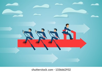 business teamwork on rowing arrow on sky success goal. creative idea. startup. illustration cartoon vector