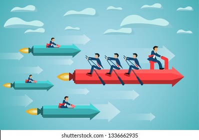 business teamwork on rowing arrow on sky success goal. creative idea. competing concept. startup. illustration cartoon vector