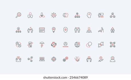 Business teamwork organization, success support, leadership in company line icon set. Partnership strategy, team management, training and puzzle thin black and red outline symbols vector illustration