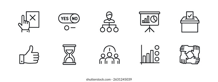 Business and teamwork outline icon set - linear meeting, collaboration symbols