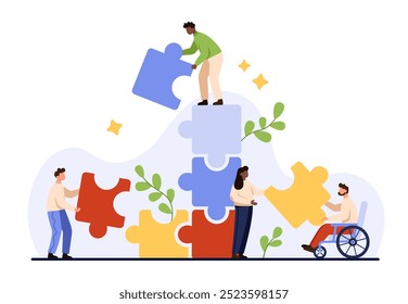 Business teamwork, partnership challenge, office unity. Tiny people build block tower, connect and match puzzle pieces, corporate team working on project solution together cartoon vector illustration