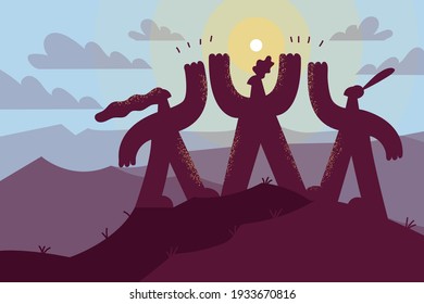 Business teamwork, partnership, cooperation concept. Business group standing on mountain top with raised hands feeling unity and success vector illustration 
