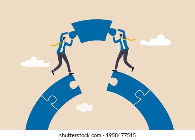 Business teamwork and partnership help to achieve team success, think together to solve business problem, business connection concept, businessmen working team building connect jigsaw puzzle bridge.