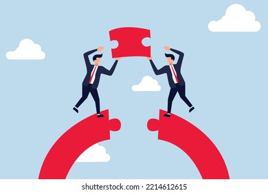 Business teamwork and partnership help to achieve team success, businessmen working team building connect jigsaw puzzle bridge.