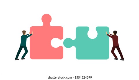 Business teamwork. Partnership of two businessmen who collect two puzzles. Vector illustration.