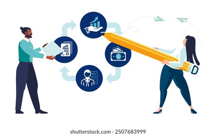 Business. Teamwork, people. African American businessman and European woman with pencil discussing business plan. Business icons, investment growth financing, profitability, banner.Vector illustration