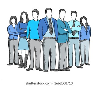 Business Teamwork People Sketch. Company Business Group Office Clerks. Staff And Manager. Hand Drawn. Hatched Drawing Picture. Blue Suit. Vector.