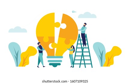 Business teamwork with pieces of puzzle in office. Connecting with puzzle elements vector illustration flat design style