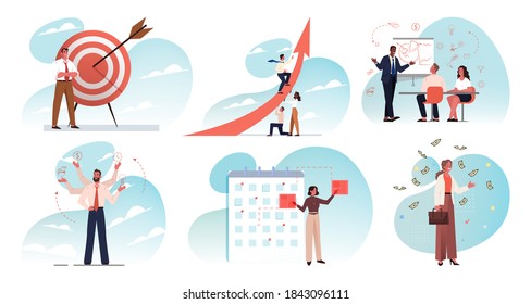 Negocios, trabajo en equipo, plan, capacitación, multitarea, objetivos, logro de objetivos, concepto de conjunto de liderazgo