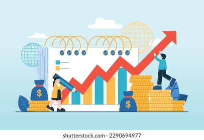 Planificación de equipos de negocios Gráfica Crecimiento financiero mundial, vectores, ilustración