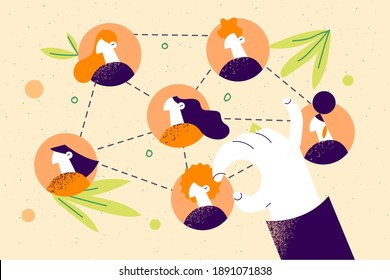 Business Teamwork Planning Success Concept. Hand Of Businessman Building Team With Members Selection For Work Project Making Professional Recruitment And Hiring People Vector Illustration 