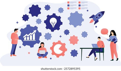 Business teamwork and process optimization illustration with gears, charts, and collaboration visuals. Perfect for workflow, corporate, and productivity-related projects.