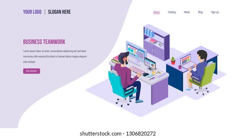 Trabajo en equipo de negocios. Gestión de proyectos, flujo de trabajo de negocios de colaboración. Trabajo conjunto integrado en un negocio común, reunión e intercambio de ideas. Plantilla de página de destino. Vector isométrico.