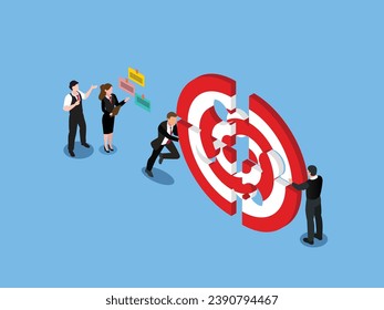 Business teamwork pushing a pieces of big target isometric 3d vector illustration concept