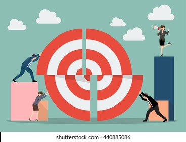 Business teamwork pushing a pieces of big target. Business teamwork concept