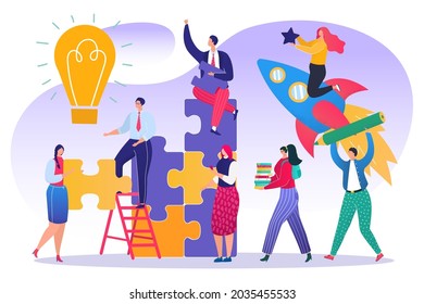 Business teamwork with puzzle concept, vector illustration. Man woman character team work in partnership, make idea together. Female person