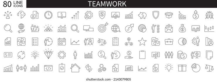 Business teamwork. Set of 80 Teamwork web icons in line style. Team building, work group and human resources minimal thin line web icon set. Vector illustration