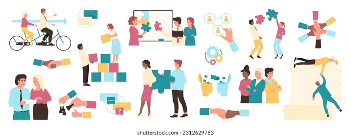 Business teamwork set vector illustration. Cartoon people of corporate team collect puzzle for company organization, carry cubes in collaboration, ride tandem bike and discuss business strategy