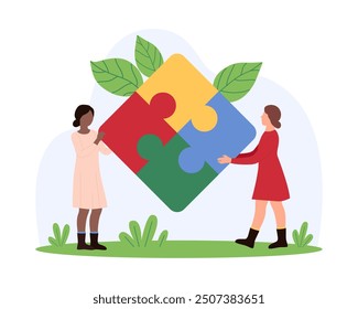 Business-Teamarbeit für die Lösung von Problem und Dilemma, Zielerreichung. Winzige Menschen halten Puzzle-Puzzle mit vier Stücken zu verbinden, Aufbau Partnerschaft Herausforderung zusammen Cartoon Vektorgrafik