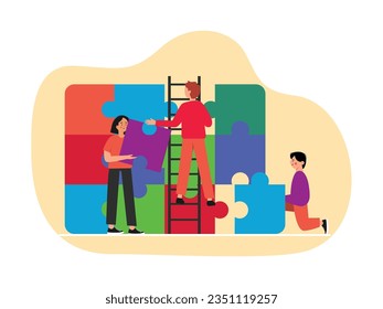 Trabajo en equipo de negocios, resolviendo acertijos juntos. Tres hombres colaboran completando la tarea con la escalera para subir. Diseño de caracteres. Ilustración de datos del vector