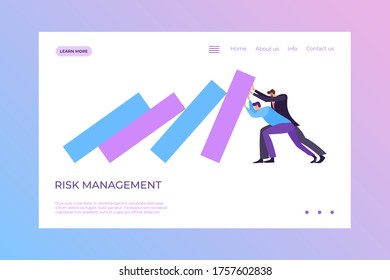 Business teamwork stop finance falling global crisis, risk management concept flat vector illustration. Character male female try stop world fall economy, company button home, info and contact.