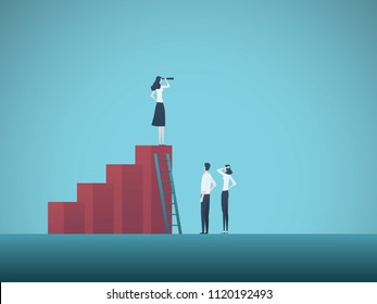 Business teamwork and strategy vector concept. Businesswoman standing on chart. Symbol of growth, teamwork, leadership, management. Eps10 vector illustration.