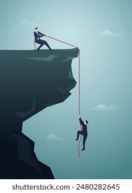 Business, teamwork, success, achievement and help concept. Businessman rescue a man fell off the cliff.