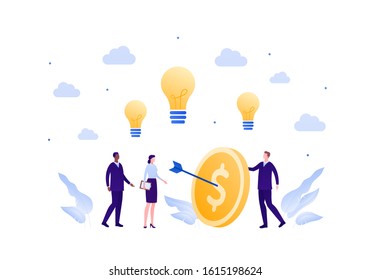 Business teamwork success concept. Vector flat person illustration. Group of businessman and woman in suit hit coin target with arrow and idea light bulb sign. Design element for banner, background.