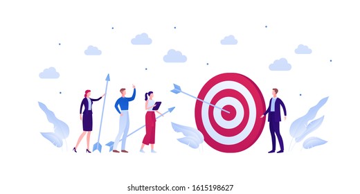 Business teamwork success concept. Vector flat person illustration. Group of businessman and woman in suit hit target with arrow isolated on white. Design element for banner, background, infographic.