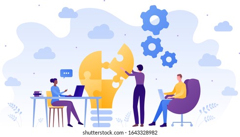 Business teamwork success concept. Vector flat people illustration. Male and female sitting with laptop and woman placing piece of puzzle. Design element for banner, poster, background.