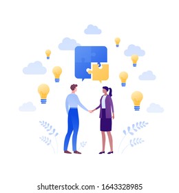 Business teamwork success concept. Vector flat people illustration. Male and female employee handshake. Puzzle and lightbulb sign. Design element for banner, poster, background.