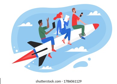 Business teamwork success concept vector illustration. Cartoon flat superhero people team flying high in sky on fast rocket, working on start new idea or startup, successful project isolated on white