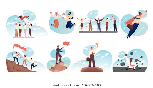 Business, teamwork, success, startup, goal achievement, leadership, celebration, win set concept