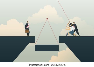 Business teamwork support helping connect the bridge to investment growth success. illustration Vector
