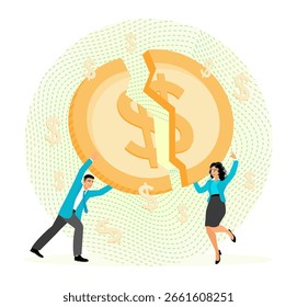 Trabalho em equipe de negócios simbolizado por dois indivíduos que lidam com uma moeda de quebra - cabeça. Apresentando desafios financeiros e de parceria.  Conceito comercial.