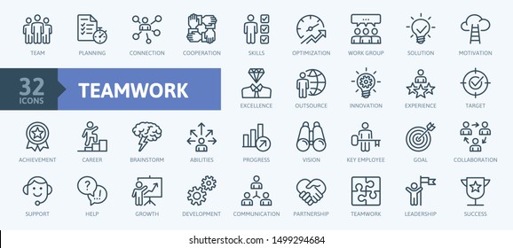 Business teamwork, team building, work group and human resources minimal thin line web icon set. Outline icons collection. Simple vector illustration.