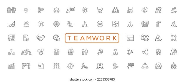 Trabajo en equipo de negocios, creación de equipos, grupo de trabajo y recursos humanos conjunto mínimo de iconos de línea delgada. Colección de iconos de esquema. Ilustración vectorial simple