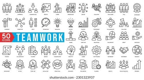 Business teamwork, team building, work group and human resources minimal thin line web icon set. Outline icons collection. Simple vector illustration