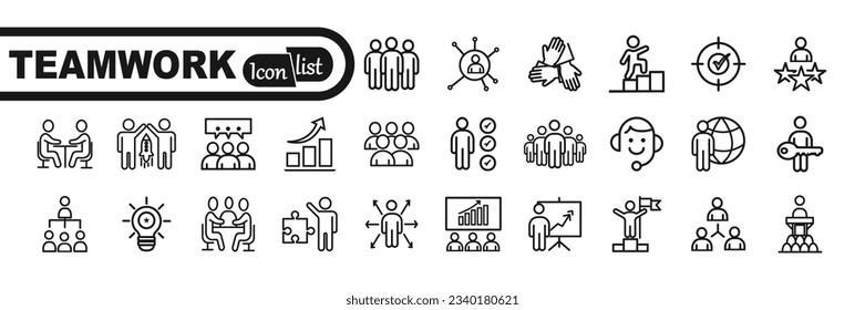 Trabajo en equipo de negocios, creación de equipos, grupo de trabajo y recursos humanos conjunto mínimo de iconos de línea delgada. Colección de iconos de esquema. Ilustración vectorial simple.
