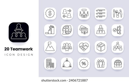 Business teamwork, team building, work group and human resources minimal thin line web icon set