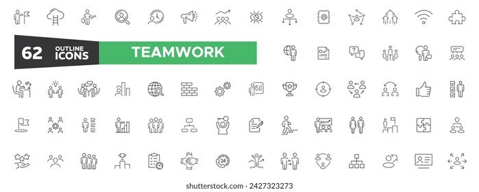 Trabajo en equipo de negocios, team building, grupo de trabajo y recursos humanos mínimo conjunto de iconos web de línea delgada. Para móviles y web. Contiene iconos como Reunión de negocios, Cooperación, Aplausos, High Five