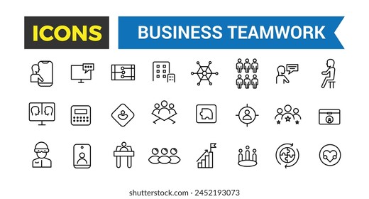 Trabajo En Equipo De Negocios, Construcción De Equipos, Grupo De Trabajo Y Recursos Humanos Línea Conjunto De Iconos De Web, Colección De Iconos De Esquema, colección De Iconos. Ilustración vectorial editable., Ilustración vectorial
