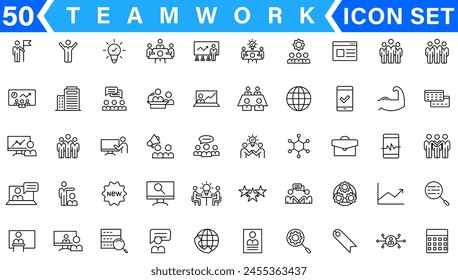 Business teamwork, team building, work group and human resources minimal thin line web icon set. Outline icons collection