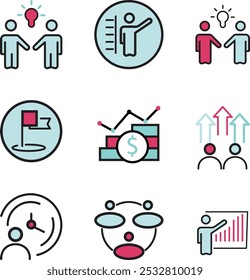 Trabajo en equipo de negocios, creación de equipos, grupo de trabajo y recursos humanos conjunto mínimo de iconos de Web de línea delgada. 