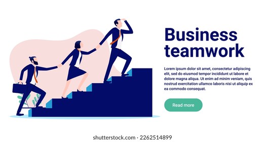 Business teamwork - Team of people walking up staircase following the leader to the top. Flat design vector illustration with copy space and white background