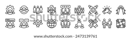 Business teamwork thin line icon set. Containing team, cooperation, group, people, organization, collaboration, communication, partnership, leadership, support, unity, community. Vector illustration