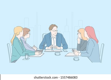 Business, teamwork, together, meeting concept. Young people businessman, businesswoman leadership plan strategy, agree on decision, analyze project. Question journalists. Startup. Flat simple vector.